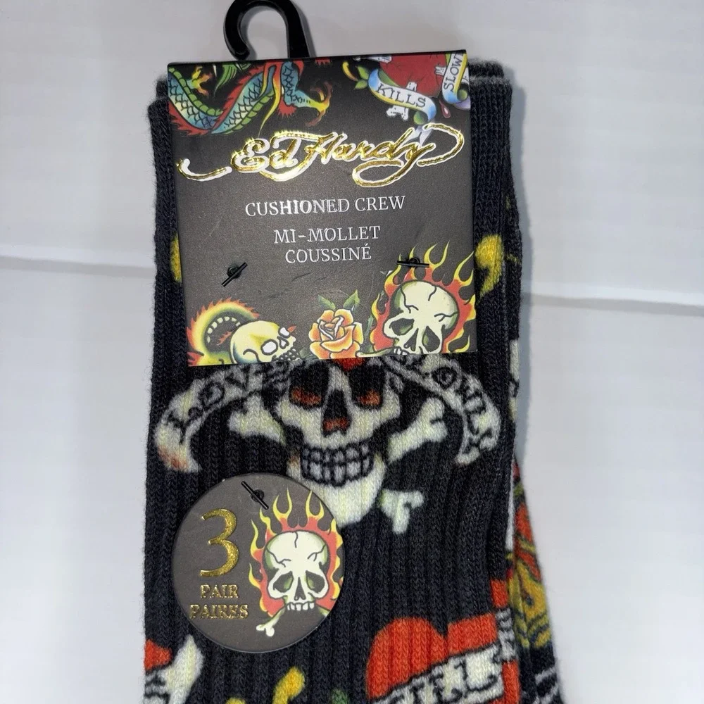 Ed Hardy 3 Pair Crew Socks Skull Tiger Tattoo Flames Black Multicolor New